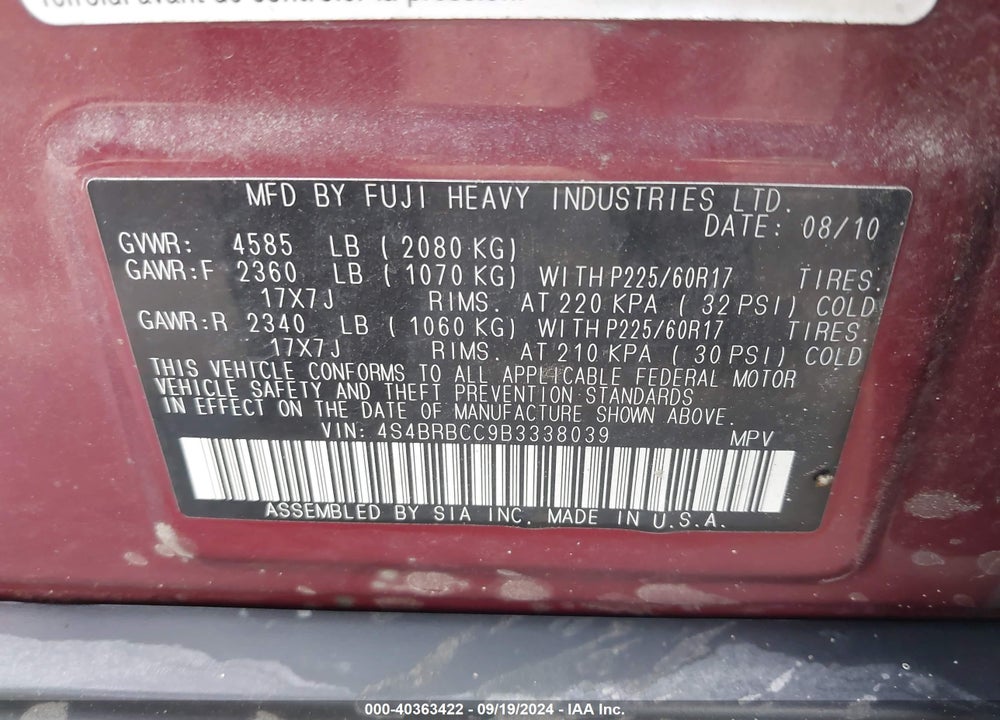 2011 SUBARU OUTBACK 2.5I PREMIUM VIN: 4S4BRBCC9B3338039
