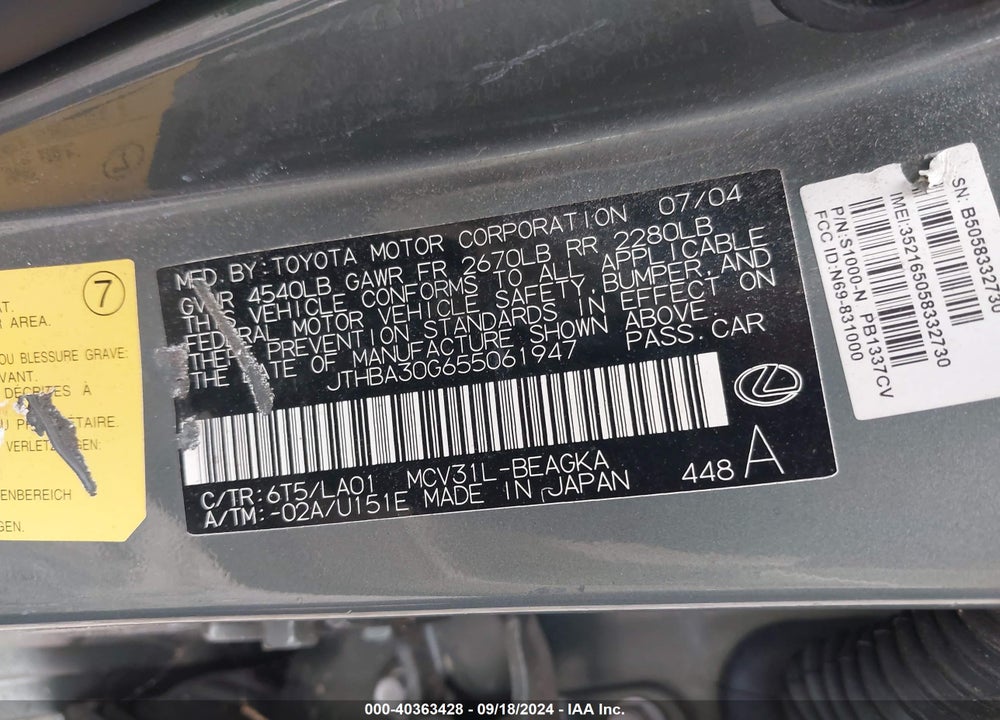 2005 LEXUS ES 330 VIN: JTHBA30G655061947