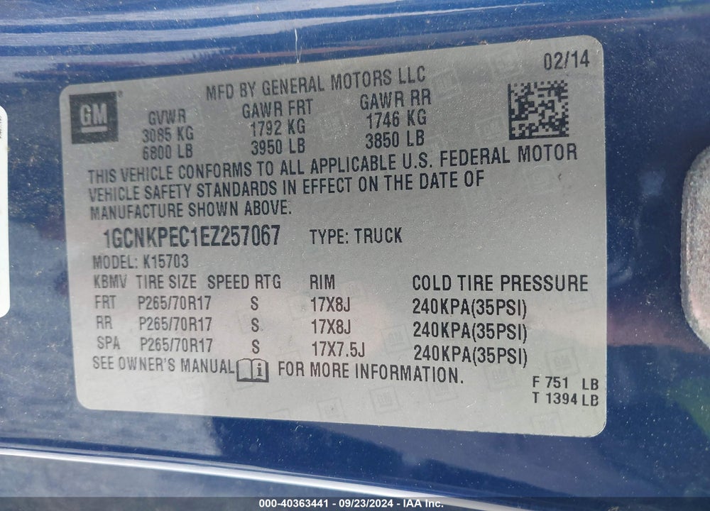 2014 CHEVROLET SILVERADO 1500 WORK TRUCK 1WT VIN: 1GCNKPEC1EZ257067
