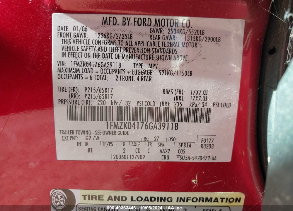 2006 FORD FREESTYLE SE VIN: 1FMZK04176GA39118