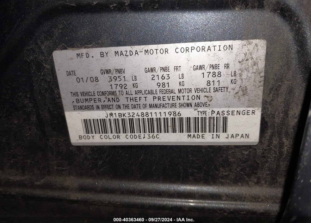 2008 MAZDA 3 S GRAND TOURING VIN: JM1BK324881111986