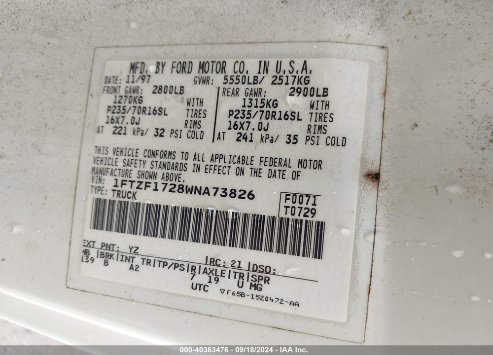 1998 FORD F-150 STANDARD/XL/XLT VIN: 1FTZF1728WNA73826