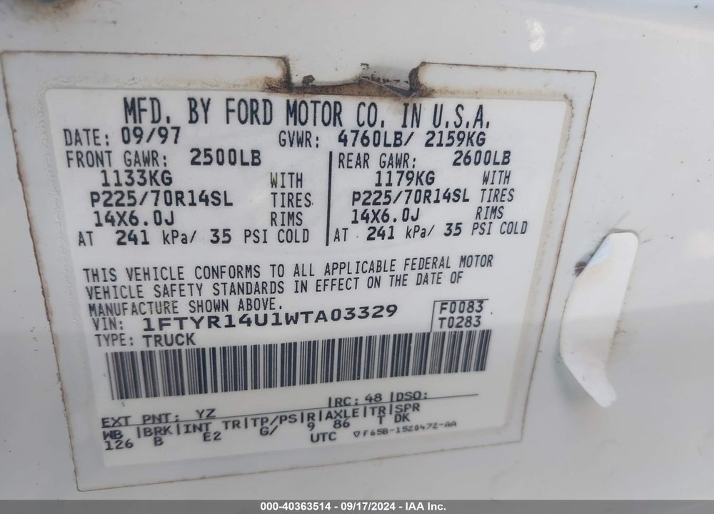 1998 FORD RANGER SPLASH/XL/XLT VIN: 1FTYR14U1WTA03329
