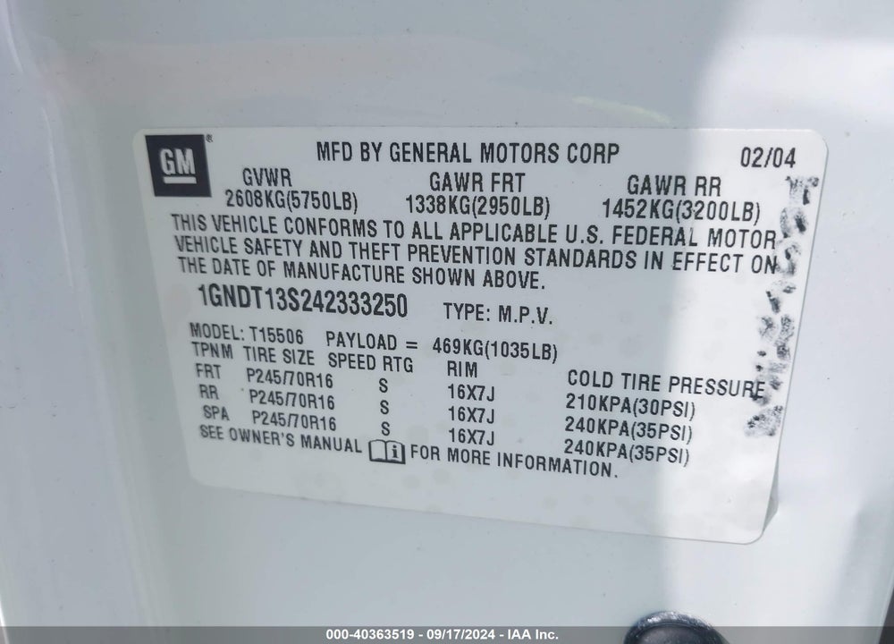 2004 CHEVROLET TRAILBLAZER VIN: 1GNDT13S242333250