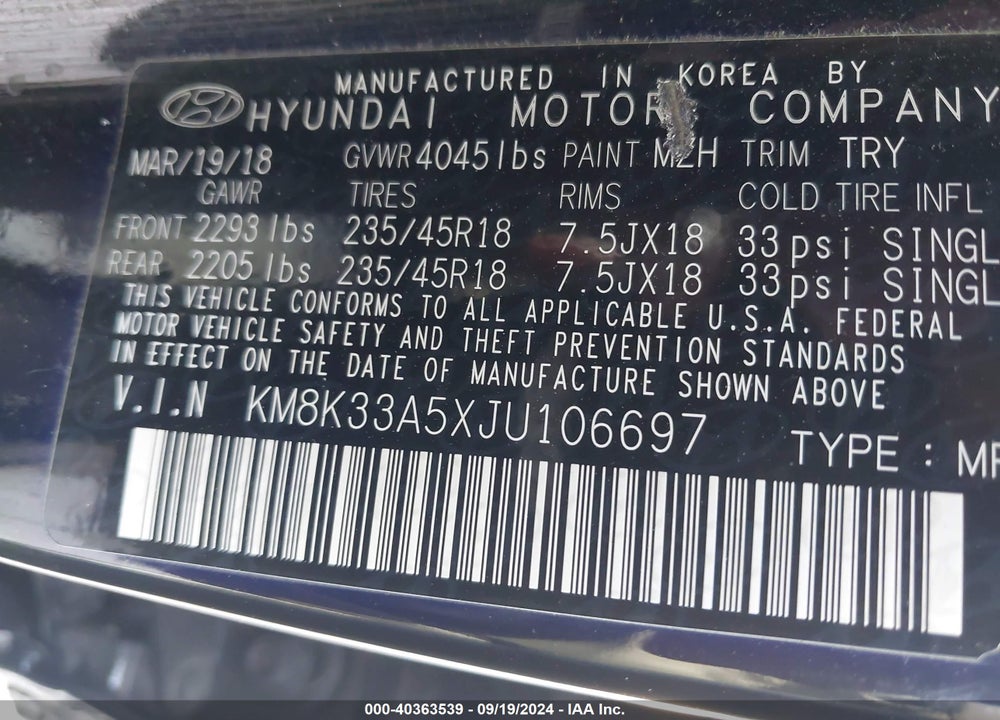 2018 HYUNDAI KONA LIMITED VIN: KM8K33A5XJU106697