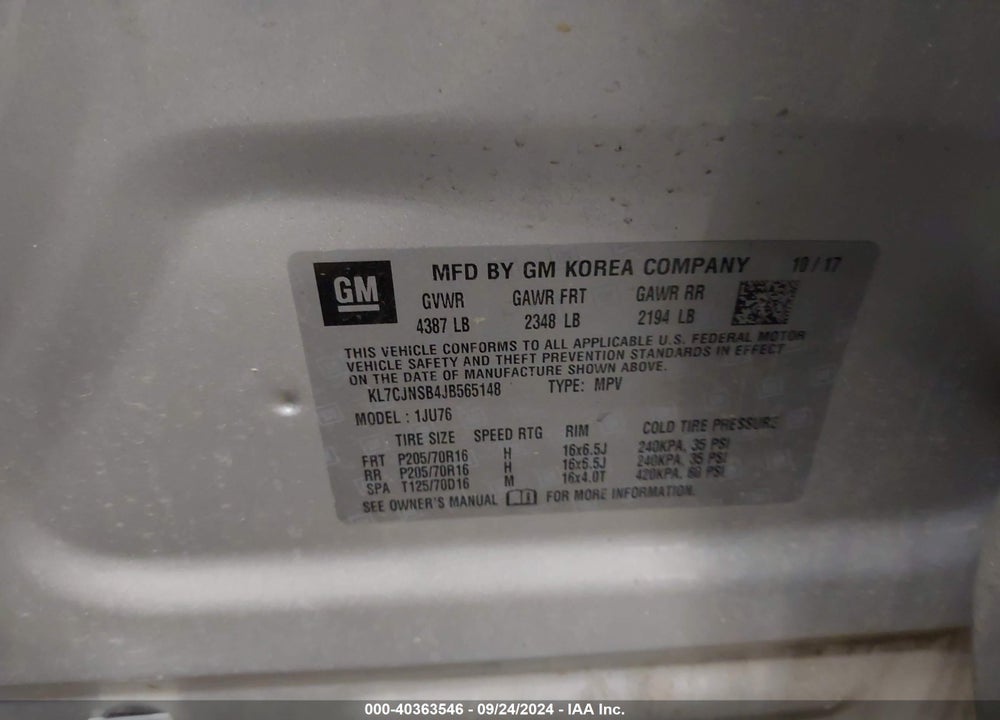 2018 CHEVROLET TRAX LS VIN: KL7CJNSB4JB565148