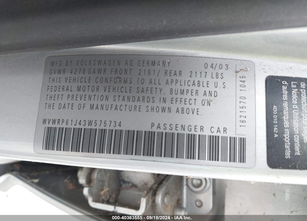 2003 VOLKSWAGEN JETTA GL TDI VIN: WVWRP61J43W575734