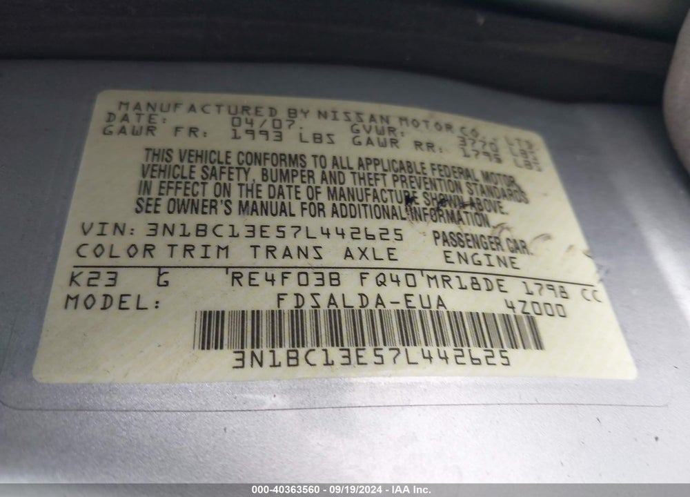 2007 NISSAN VERSA 1.8S VIN: 3N1BC13E57L442625