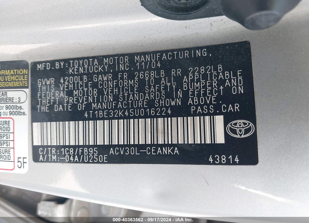 2005 TOYOTA CAMRY LE VIN: 4T1BE32K45U016224