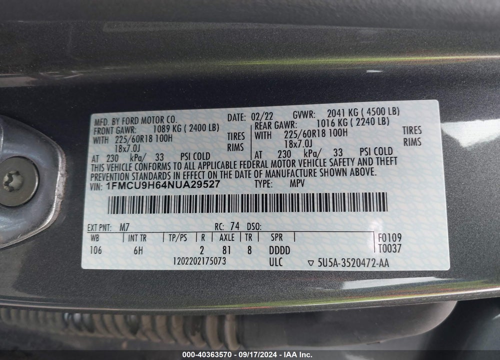 2022 FORD ESCAPE SEL VIN: 1FMCU9H64NUA29527