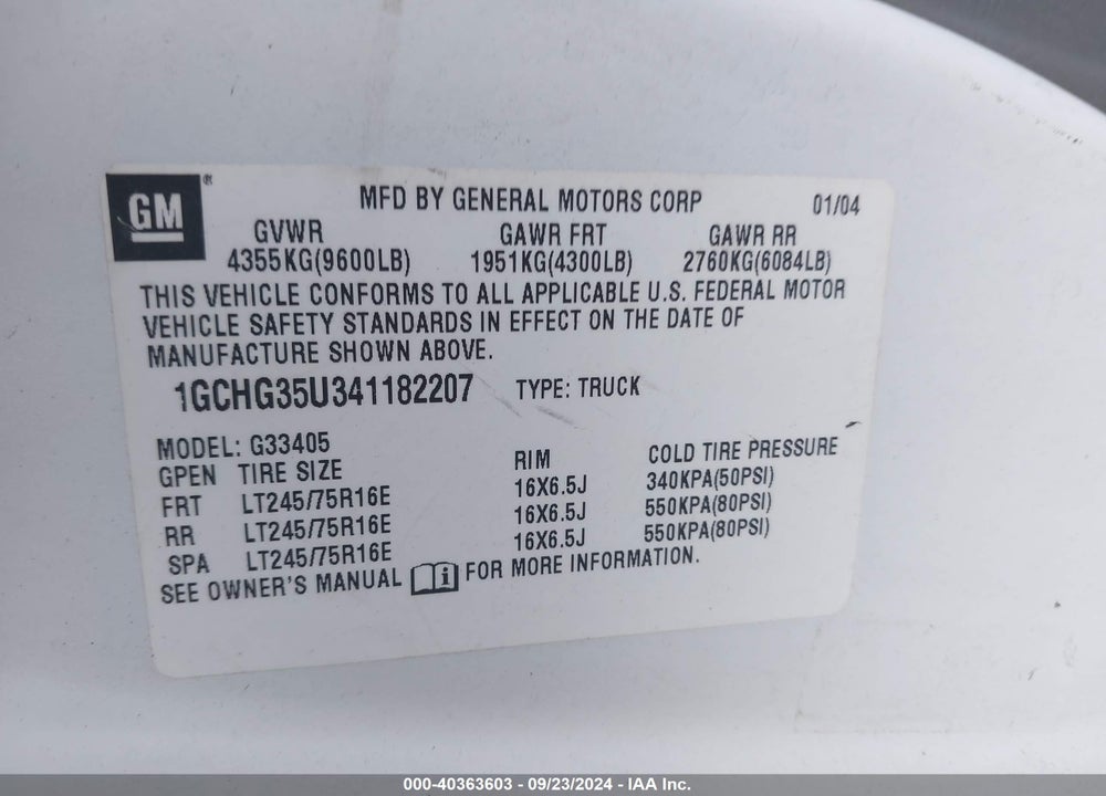 2004 CHEVROLET EXPRESS VIN: 1GCHG35U341182207