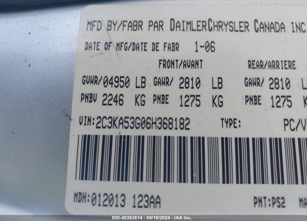 2006 CHRYSLER 300 VIN: 2C3KA53G06H368182