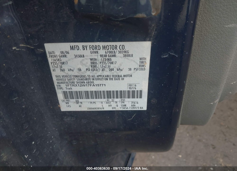 2007 FORD F-150 STX/XL/XLT VIN: 1FTRX12W17FA15771