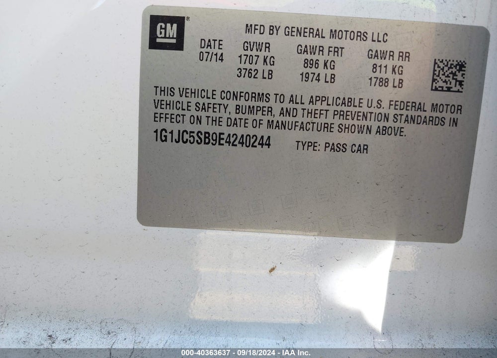 2014 CHEVROLET SONIC LT AUTO VIN: 1G1JC5SB9E4240244