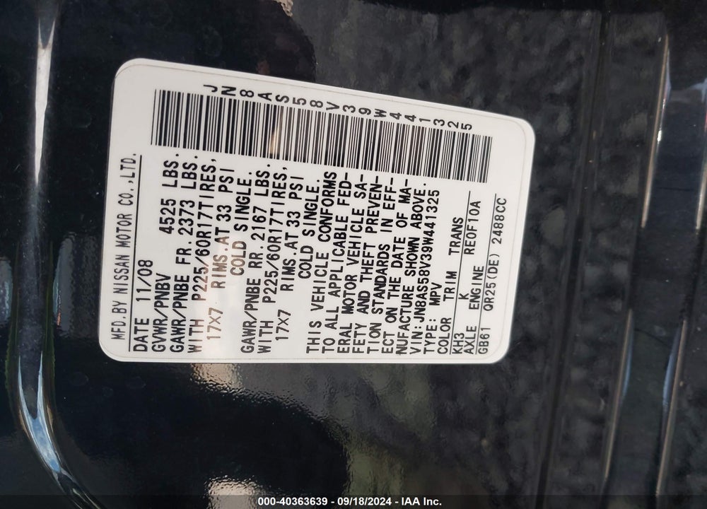 2009 NISSAN ROGUE SL VIN: JN8AS58V39W441325