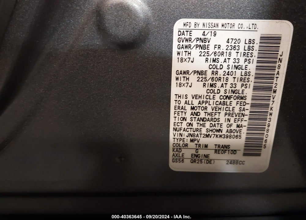 2019 NISSAN ROGUE SV VIN: JN8AT2MV7KW398065