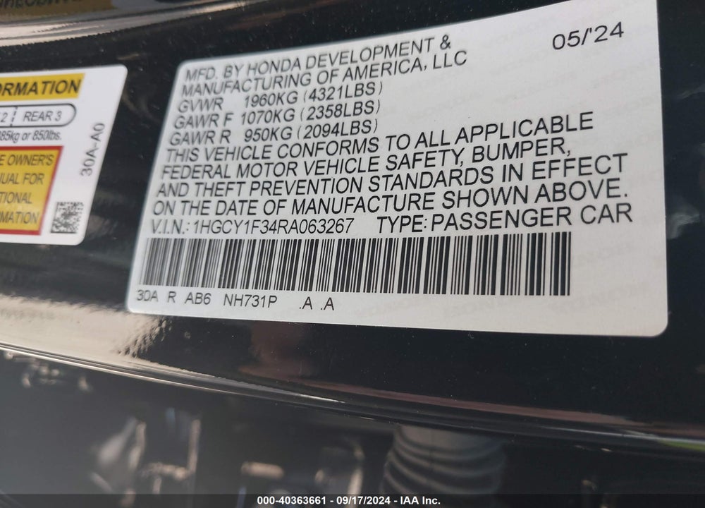 2024 HONDA ACCORD EX VIN: 1HGCY1F34RA063267
