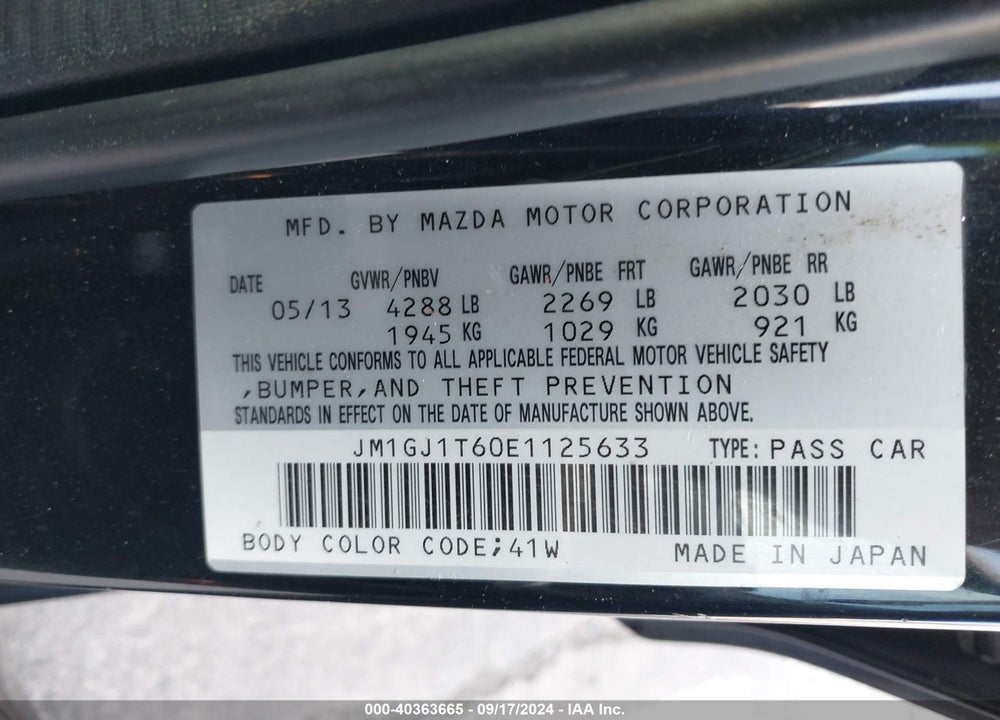 2014 MAZDA 6 I TOURING VIN: JM1GJ1T60E1125633