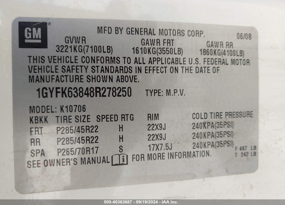 2008 CADILLAC ESCALADE STANDARD VIN: 1GYFK63848R278250