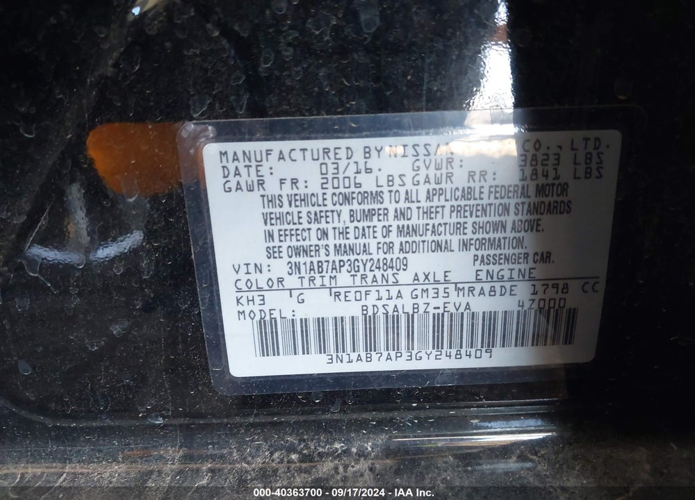 2016 NISSAN SENTRA S VIN: 3N1AB7AP3GY248409