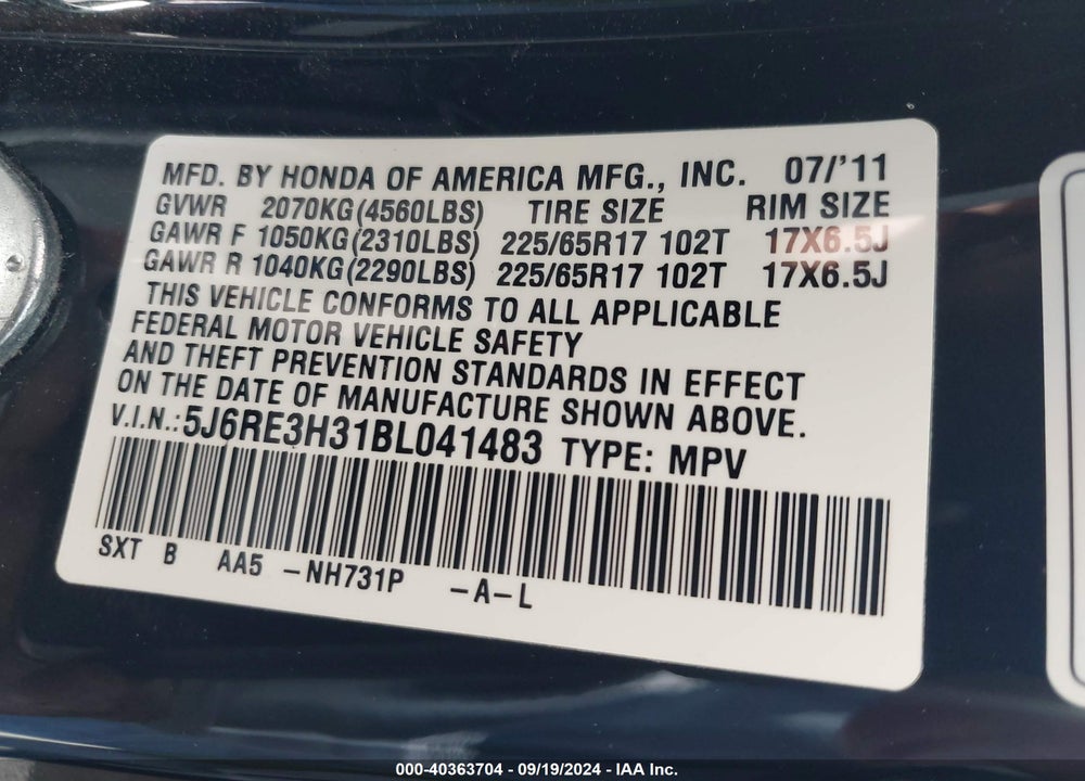 2011 HONDA CR-V LX VIN: 5J6RE3H31BL041483