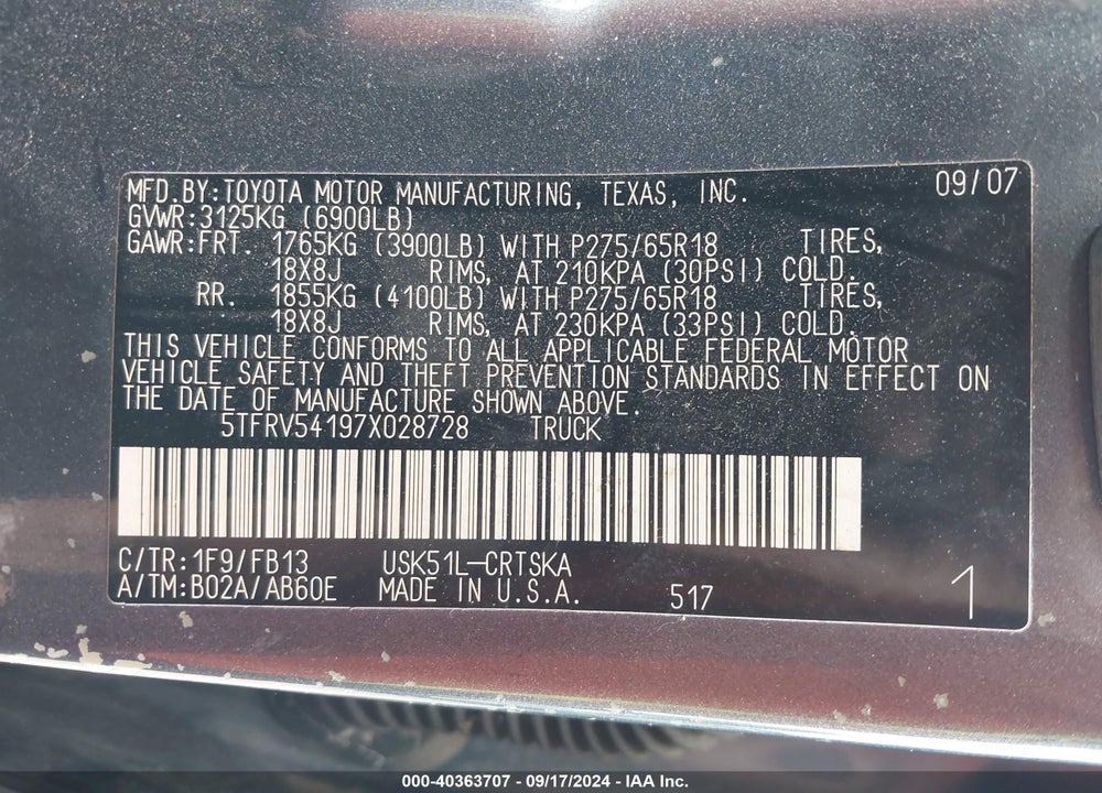 2007 TOYOTA TUNDRA SR5 V8 VIN: 5TFRV54197X028728