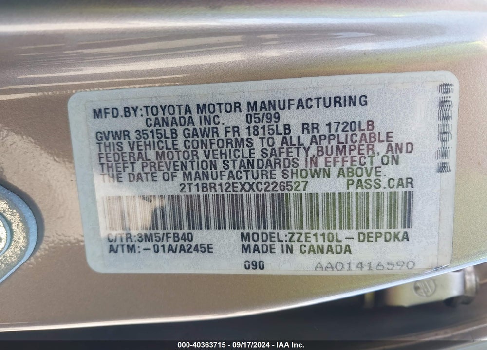 1999 TOYOTA COROLLA CE VIN: 2T1BR12EXXC226527