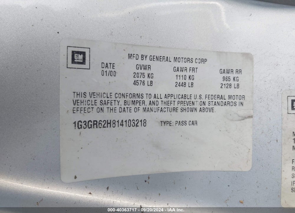 2001 OLDSMOBILE AURORA 3.5 VIN: 1G3GR62H814103218
