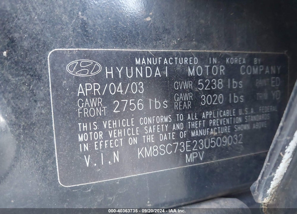 2003 HYUNDAI SANTA FE GLS/LX VIN: KM8SC73E23U509032
