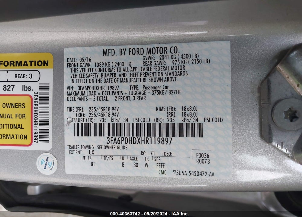2017 FORD FUSION SE VIN: 3FA6P0HDXHR119897