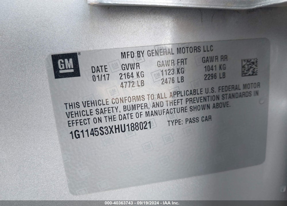2017 CHEVROLET IMPALA 2LZ VIN: 1G1145S3XHU188021