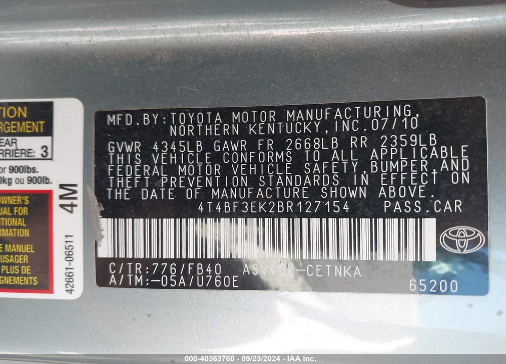 2011 TOYOTA CAMRY LE VIN: 4T4BF3EK2BR127154