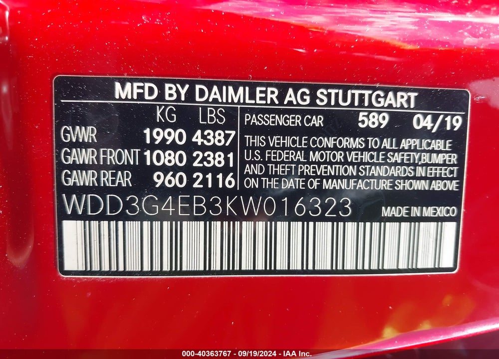 2019 MERCEDES-BENZ A 220 VIN: WDD3G4EB3KW016323
