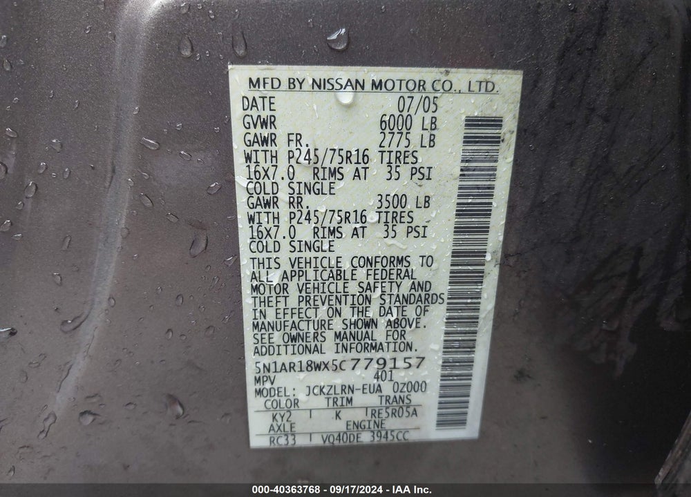 2005 NISSAN PATHFINDER XE VIN: 5N1AR18WX5C779157