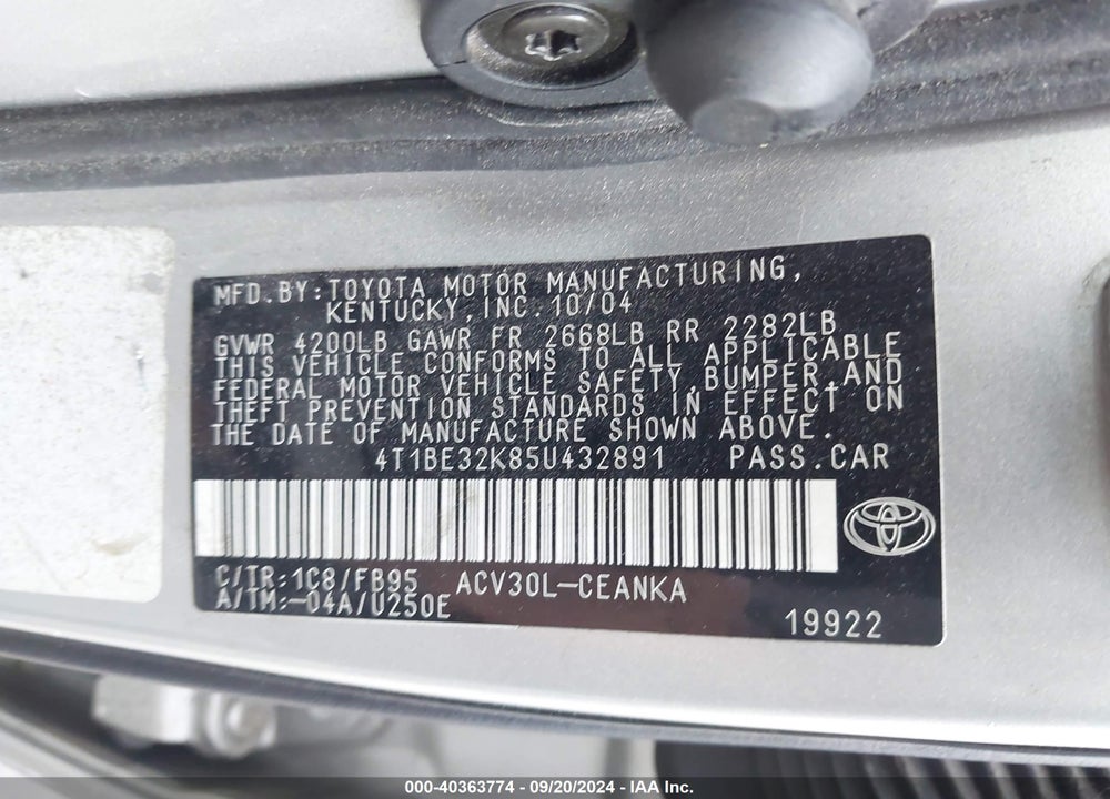 2005 TOYOTA CAMRY LE VIN: 4T1BE32K85U432891