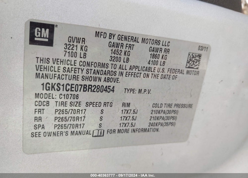 2011 GMC YUKON SLT VIN: 1GKS1CE07BR280454