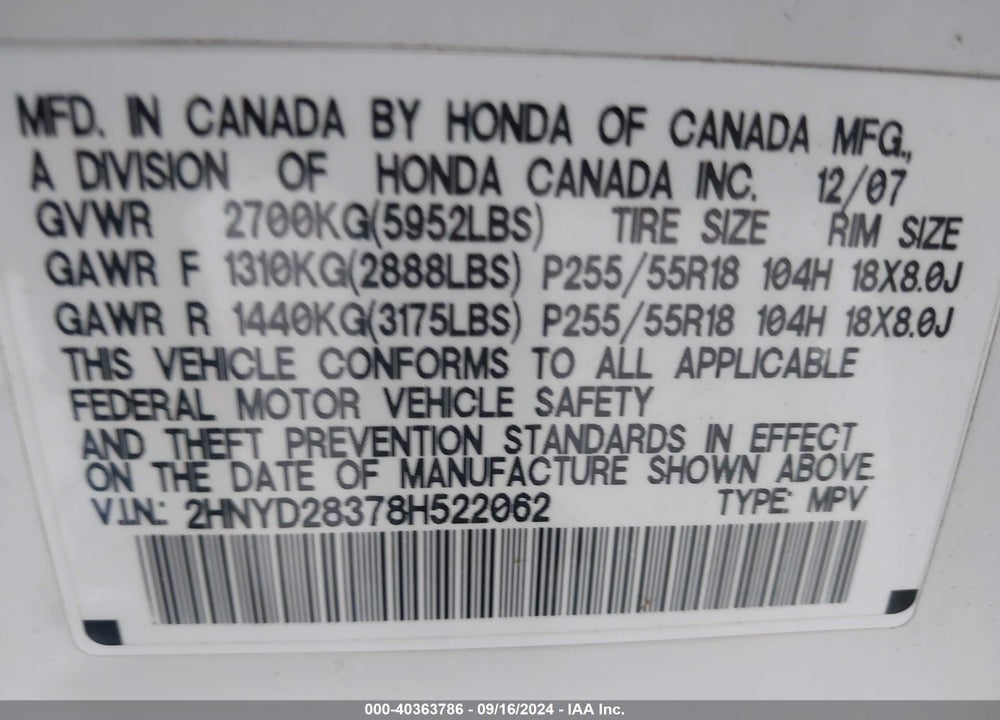2008 ACURA MDX TECHNOLOGY PACKAGE VIN: 2HNYD28378H522062