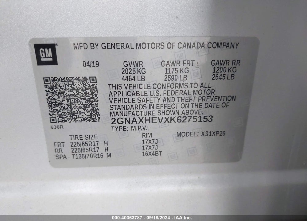 2019 CHEVROLET EQUINOX LS VIN: 2GNAXHEVXK6275153