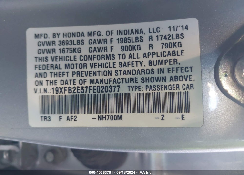 2015 HONDA CIVIC LX VIN: 19XFB2E57FE020377