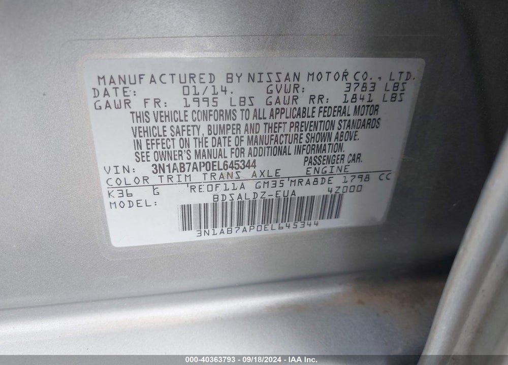 2014 NISSAN SENTRA FE+ S/FE+ SV/S/SL/SR/SV VIN: 3N1AB7AP0EL645344