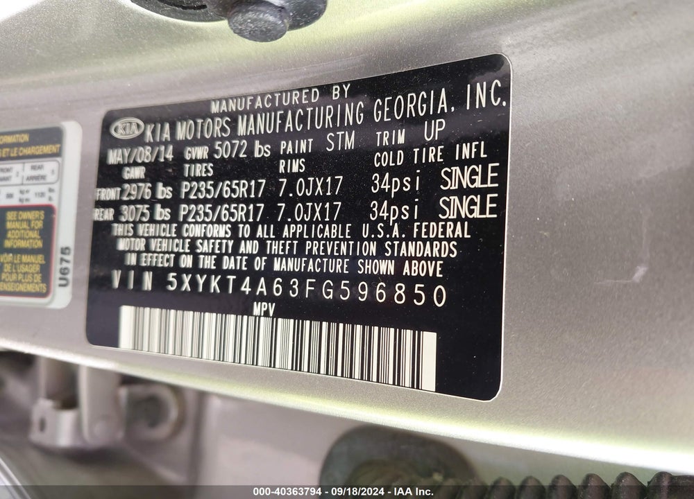 2015 KIA SORENTO LX VIN: 5XYKT4A63FG596850