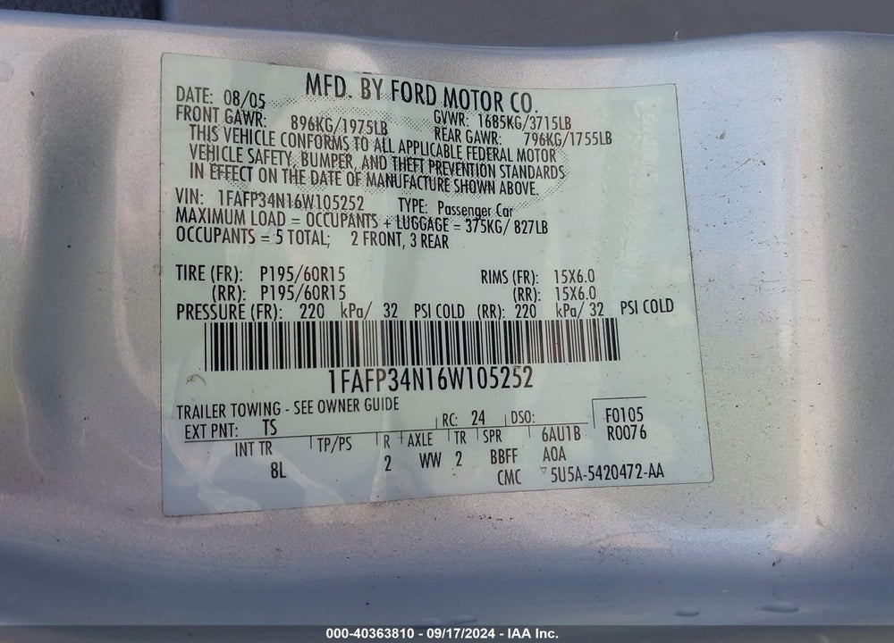 2006 FORD FOCUS ZX4 VIN: 1FAFP34N16W105252