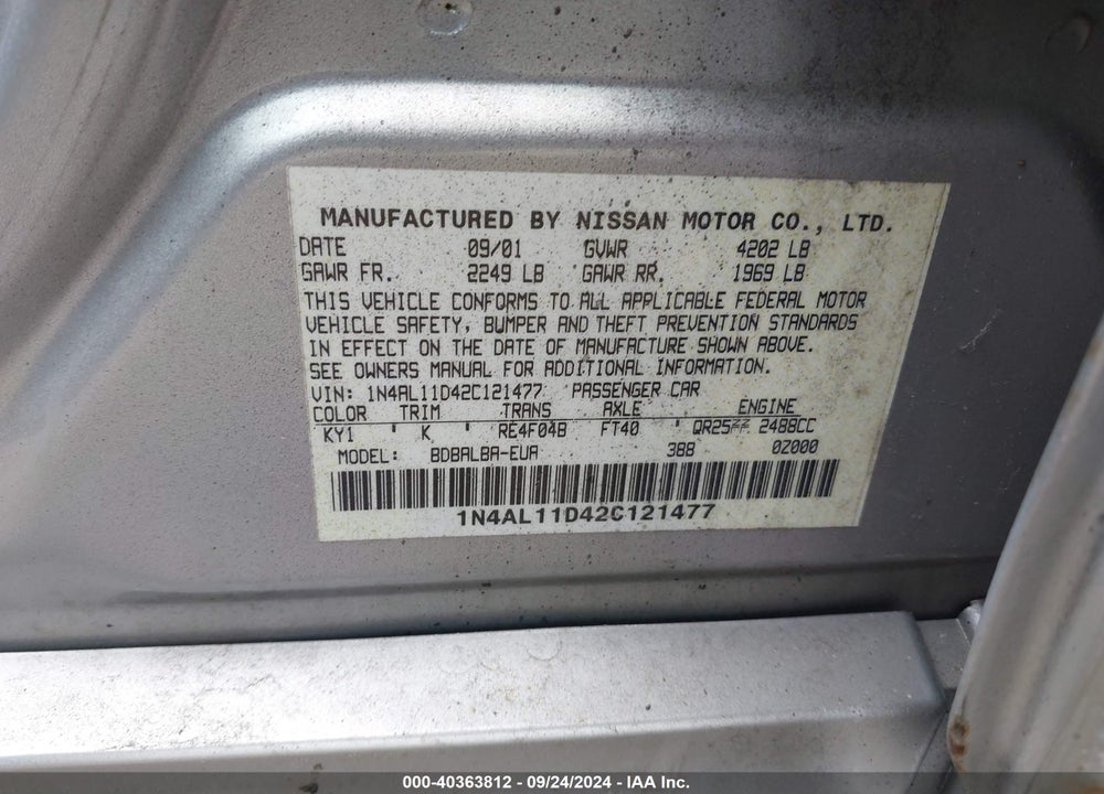 2002 NISSAN ALTIMA 2.5 S VIN: 1N4AL11D42C121477