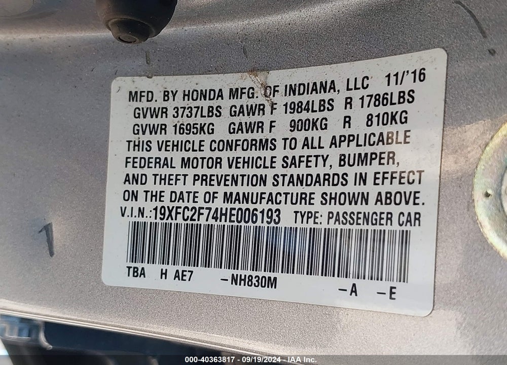 2017 HONDA CIVIC EX VIN: 19XFC2F74HE006193