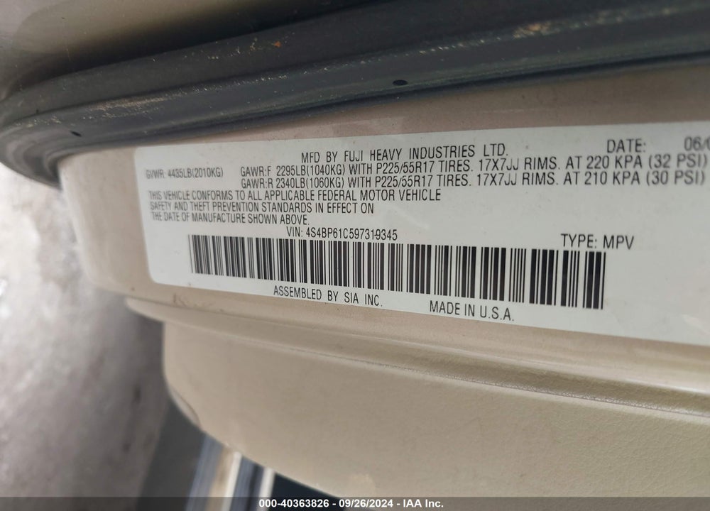 2009 SUBARU OUTBACK 2.5I VIN: 4S4BP61C597319345