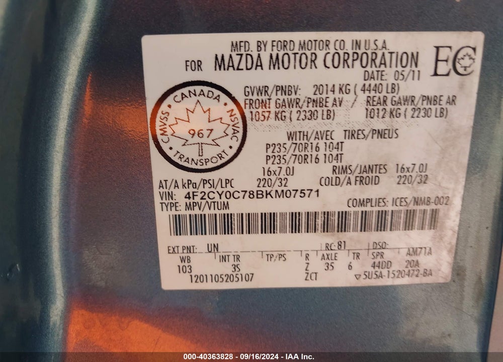 2011 MAZDA TRIBUTE I GRAND TOURING/I SPORT/I TOURING VIN: 4F2CY0C78BKM07571