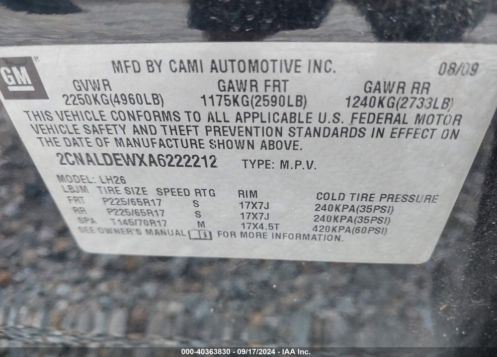 2010 CHEVROLET EQUINOX LT VIN: 2CNALDEWXA6222212