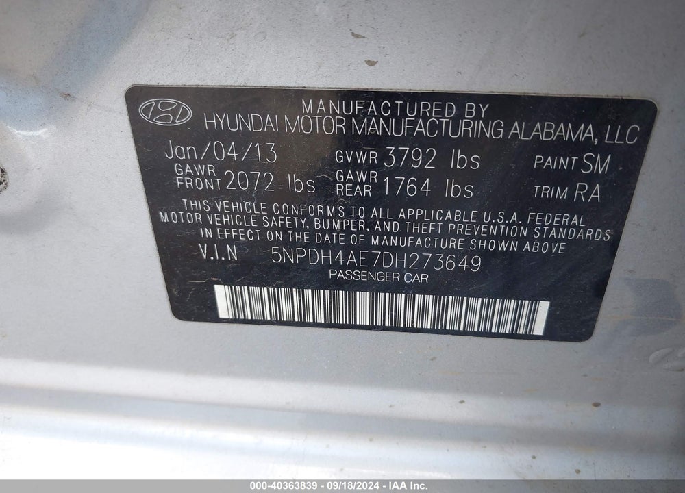 2013 HYUNDAI ELANTRA VIN: 5NPDH4AE7DH273649