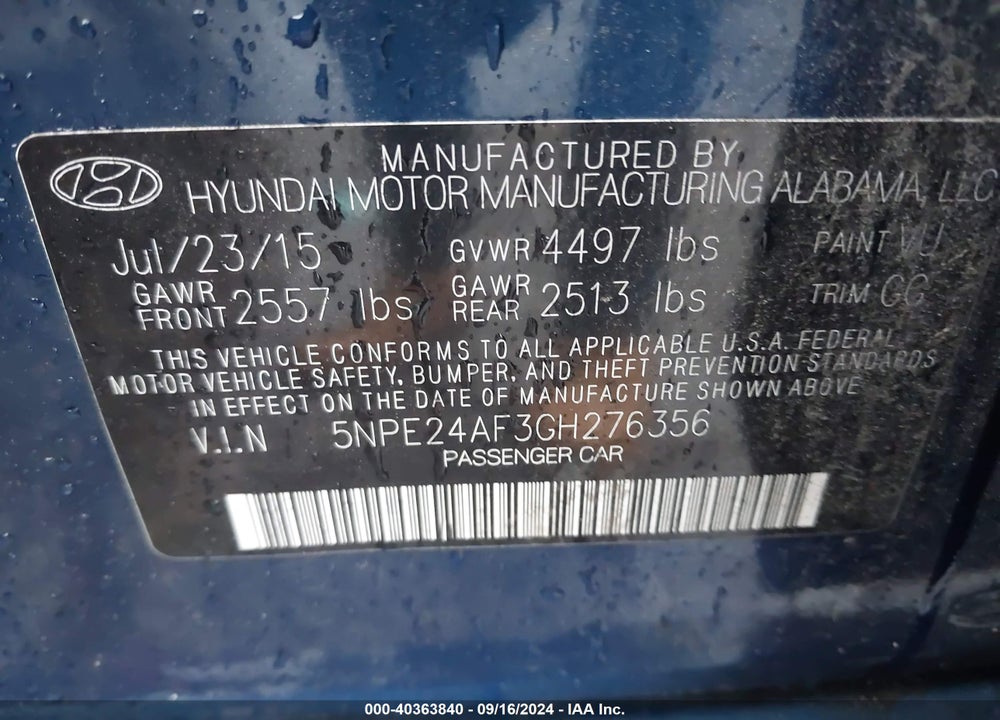 2016 HYUNDAI SONATA SE VIN: 5NPE24AF3GH276356