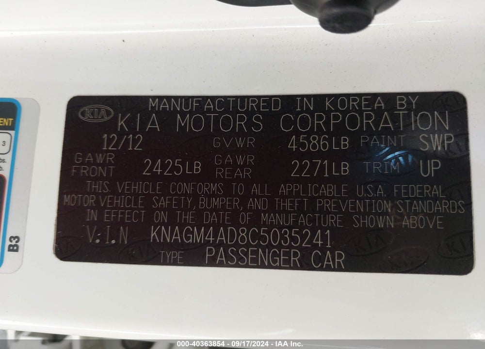 2012 KIA OPTIMA HYBRID EX VIN: KNAGM4AD8C5035241